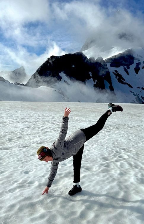 Cheryl Sapora, Avondale resident, practices stability  on a glacier in New Zealand.