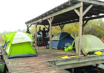 Campers set up tents on a wooden dock platform in the Okefenokee Swamp