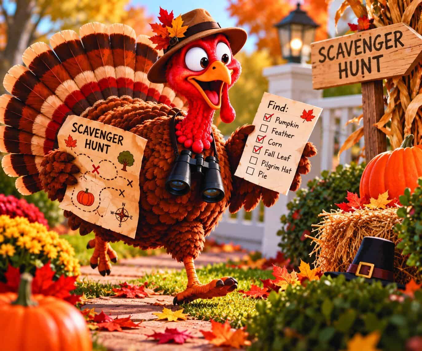 Cartoon turkey on a Thanksgiving scavenger hunt