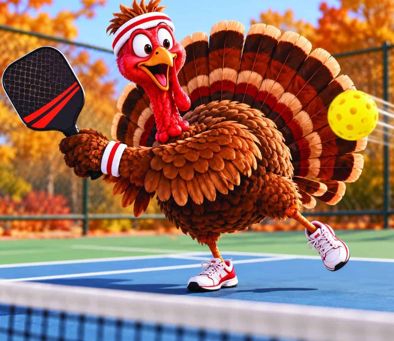 Cartoon turkey playing pickleball